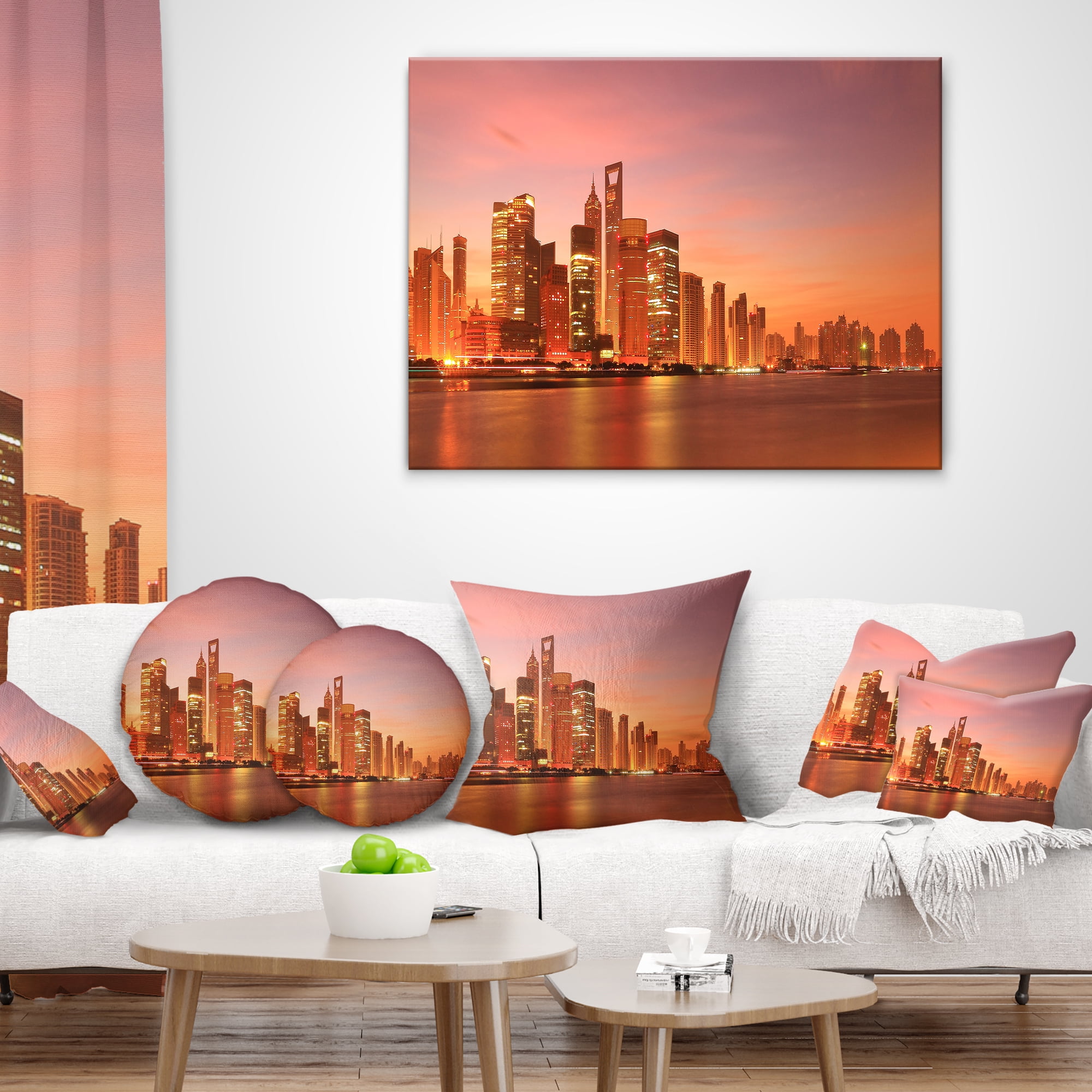 Designart Shanghai Skyline at Dawn - Cityscape Photo Throw Pillow - 12x20