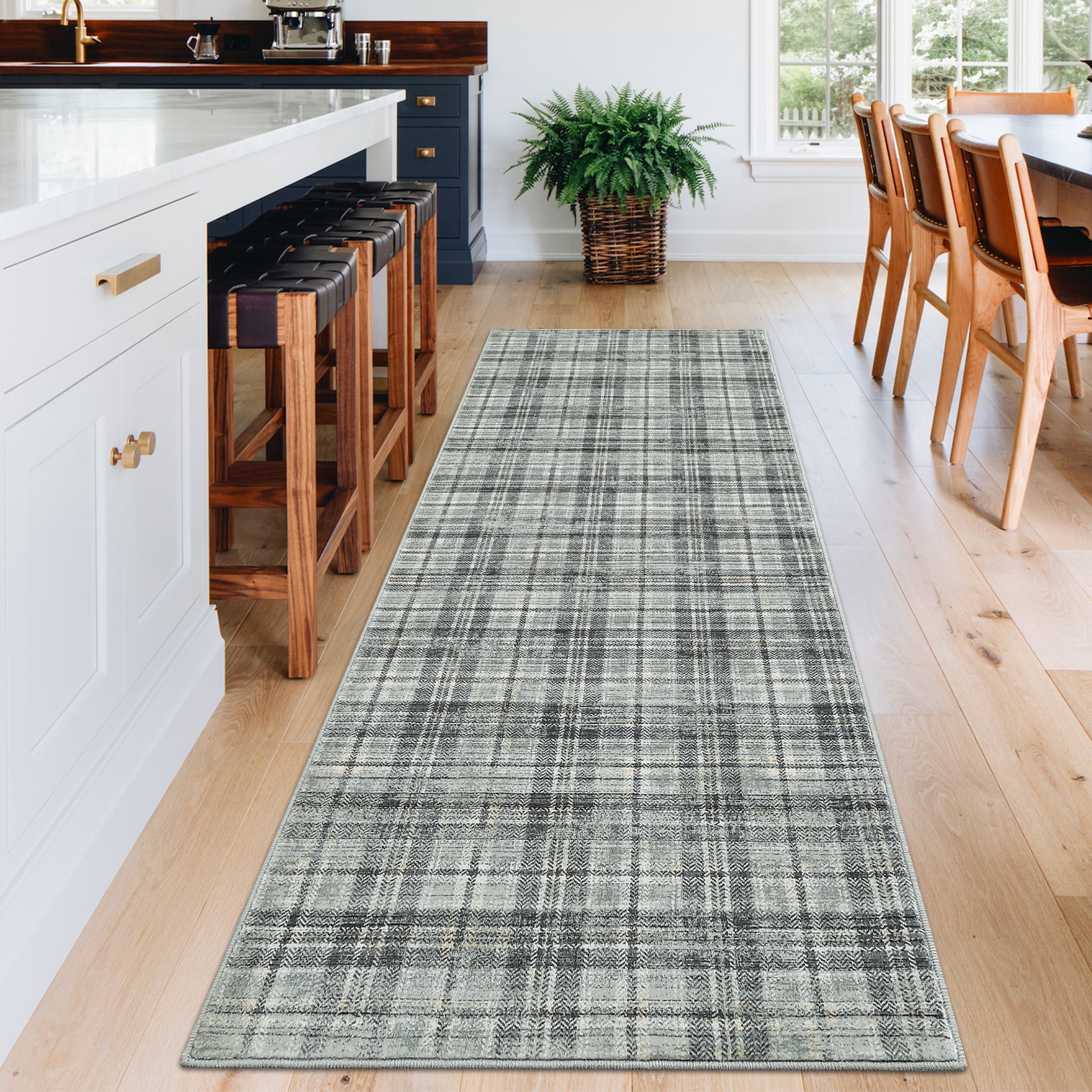 Garvee Washable Rug 2x10 Modern Plaid Runner Rug, Non Slip Stain Resistant Rug Geometric Carpet for Hallway Bedroom Kitchen, Green