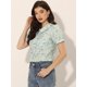thumbnail image 3 of Blusa de manga abullonada floral con cuello en punta de camisa abotonada para mujer Blues XL, 3 of 4