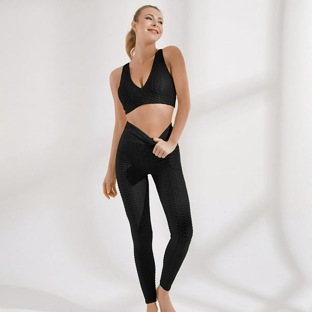 Carevas Yoga wear bra fitness suit sports bra high waist hip hip tight yoga  pants fitness leggings Bra+trousers(black) M 
