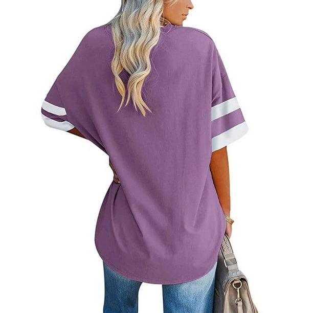 Top con franjas de color con cuello en V para mujer Camiseta de media manga para mujer camisetas sueltas para mujer camisa de media manga con cuello en V para mujer diseno exquisito