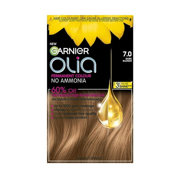 Garnier Olia Dark Blonde Permanent Hair Dye, No Ammonia For A Pleasant Scent, Up To 100% Grey Hair Coverage, Maximum Colour Performance, 60% Oils - 7.0 Dark Blonde