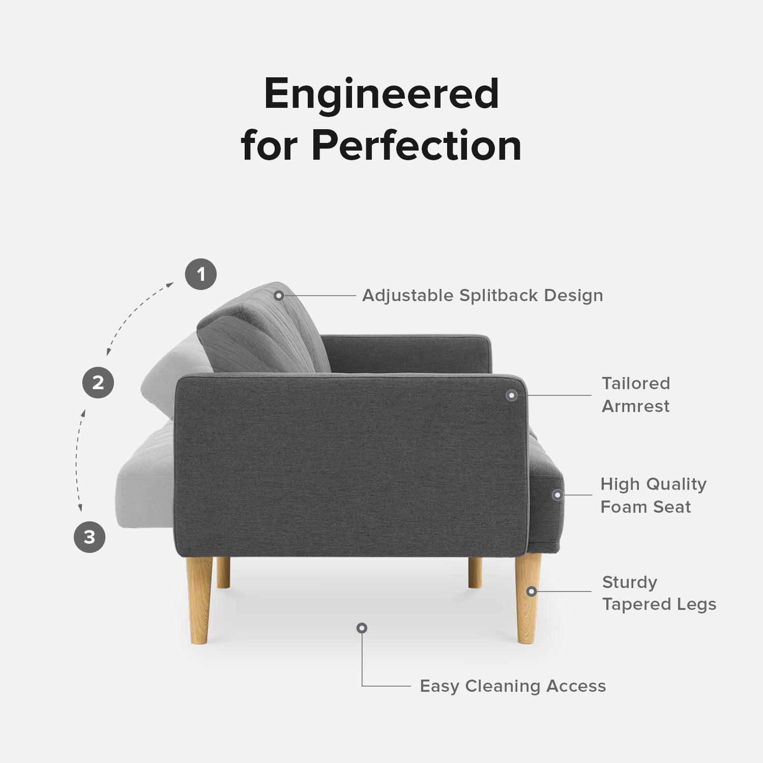 Mopio Chloe Futon Sofa Bed Convertible Sleeper Sofa with Tapered Legs Dark Gray 7.56" (W) x 38.6" (D) x 22.8" (H)