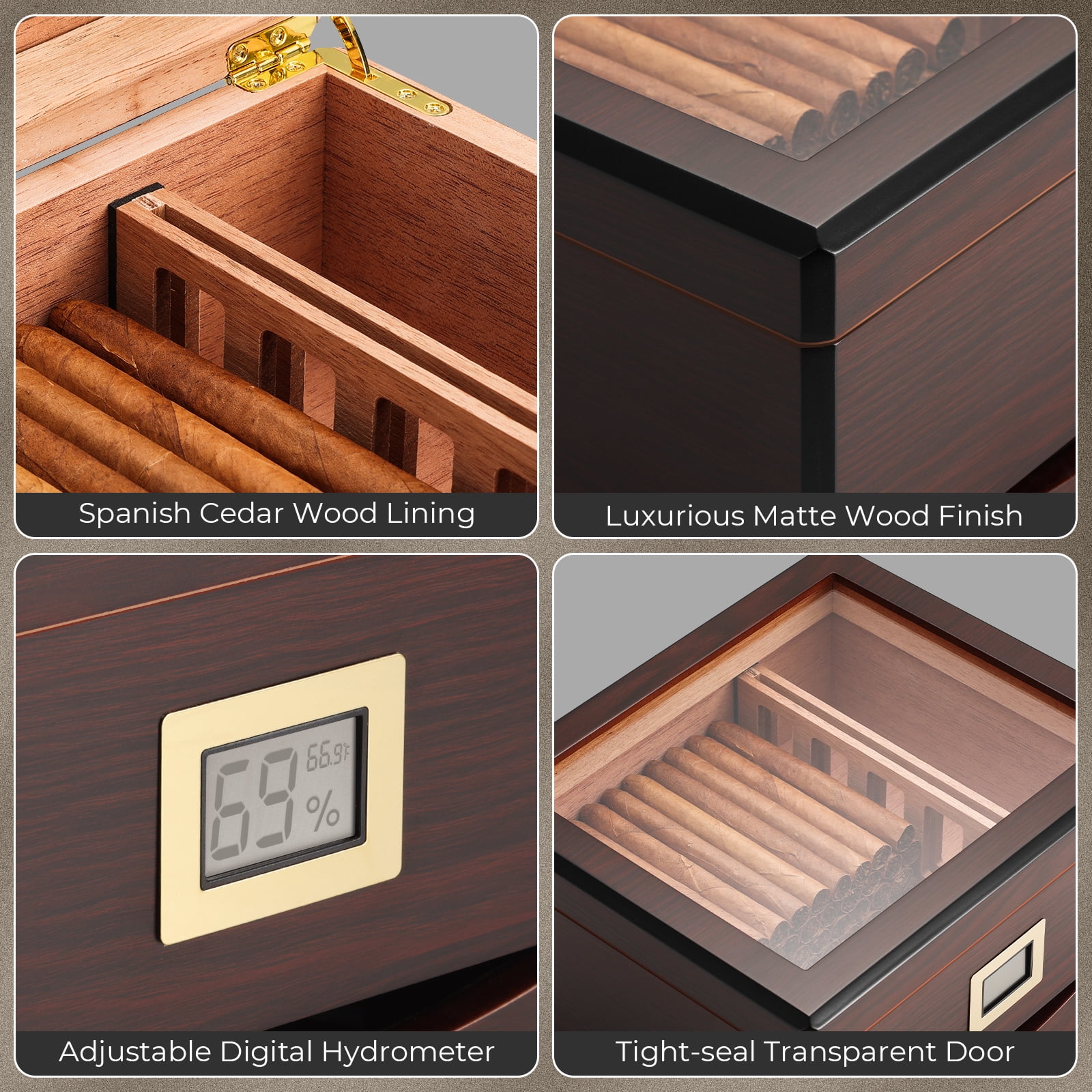 GLENCREAG MMT-3041 Cigar Humidor Box for 25 to 55 Counts, Glass Top with Spanish Cedar Lining & Divider, Gift for Cigar Lover