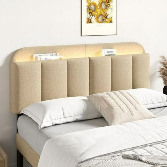 Adjustable Headboard for Full/Queen Size Bed Frame, Linen Fabric Bed Headboard with Storage & RGB LED Light in Modern Vertical Channel Design, Beige