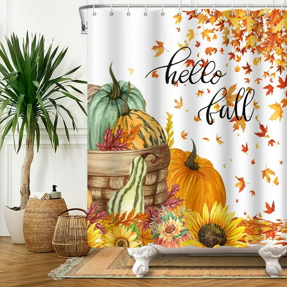 Fall Harvest Thanksgiving Pumpkin Shower Curtain, Autumn Leaves with Pumpkins Farmhouse Bath Curtain, Halloween Fabric Bathroom Accessories with Hooks 72X72in