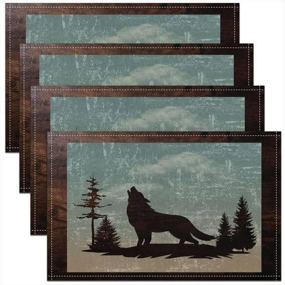 Wolf Placemats Set of 4, Rustic Western Farmhouse Table Place Mats, Retro Wildlife Animal Placemat for Kitchen Dining Table Decoration Indoor Outdoor 18"x12"