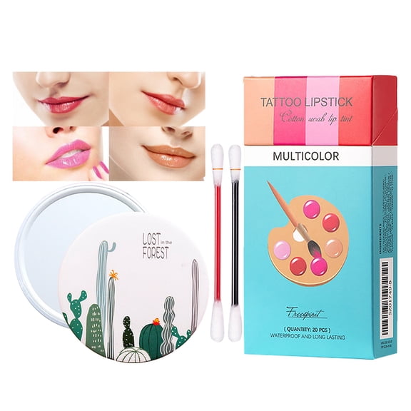 Cotton Swab Lip GLōss, 4 Mixed Colors With Mirror - 20 Swabs 1 Mini Mirror, Tattoo Lipstick Cotton Swab, Durable Liquid Non-Stick Tattoo Lipstick, Portable Lip Tin (4 Colors) 3Ml Makeup Organizers