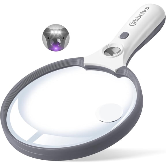 Large Magnifying Glass with Light, Magnifier Handheld Illuminated Lighted Magnifier with 3 LED Lights 1UV Light Storage Bag Clean Cloth for Seniors Reading Inspection (Grey)