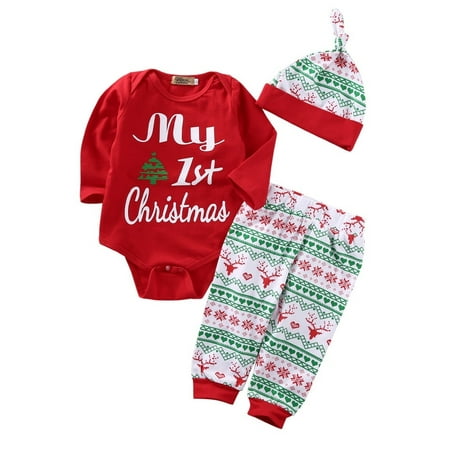 Newborn Baby Boys Girls First Christmas Clothes Romper Pants Hat Outfit Set 3PCS