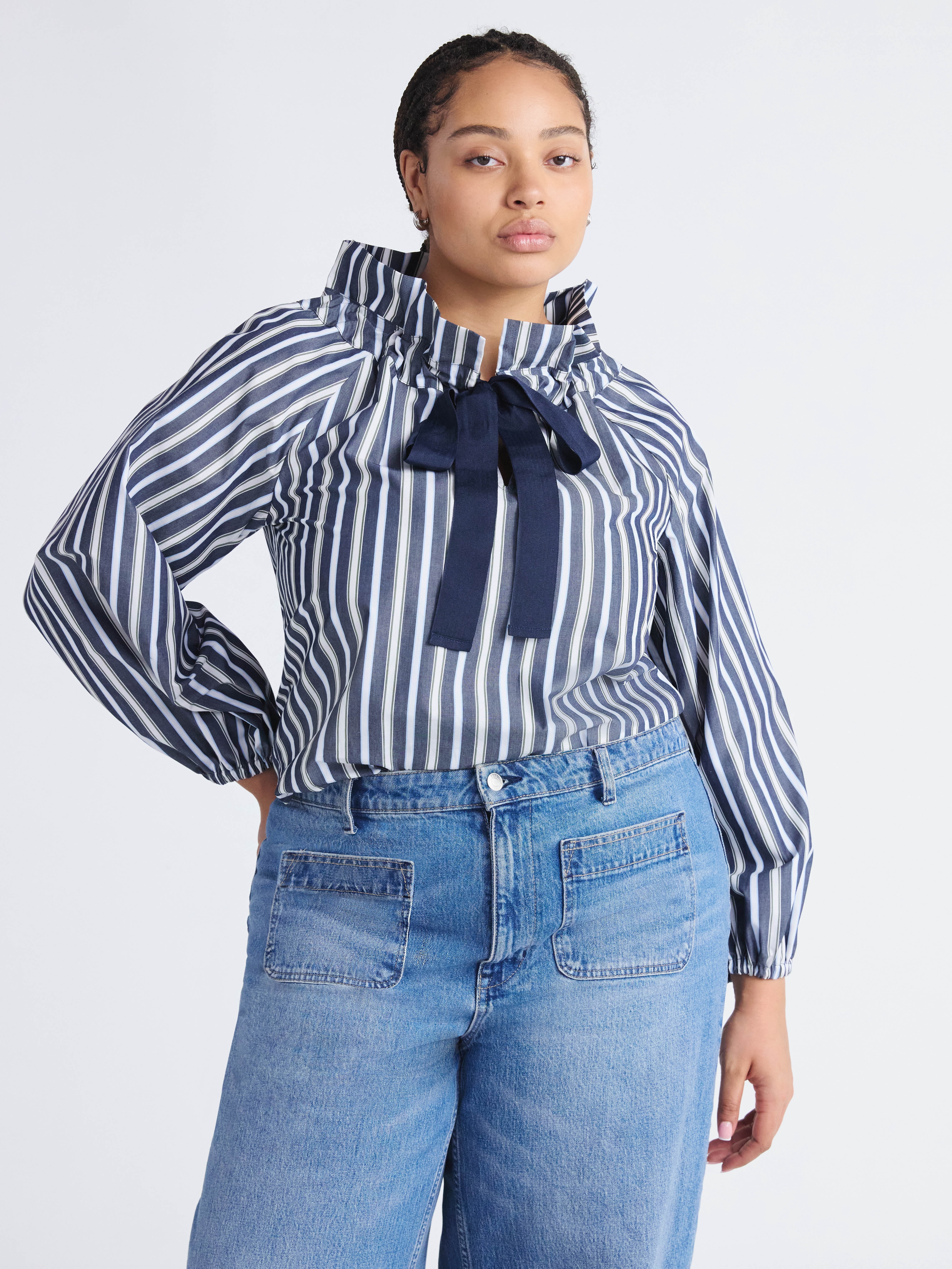Free Assembly Women's and Women's Plus Size Ruffle Neck Cotton Top with Long Sleeves, XS-4X