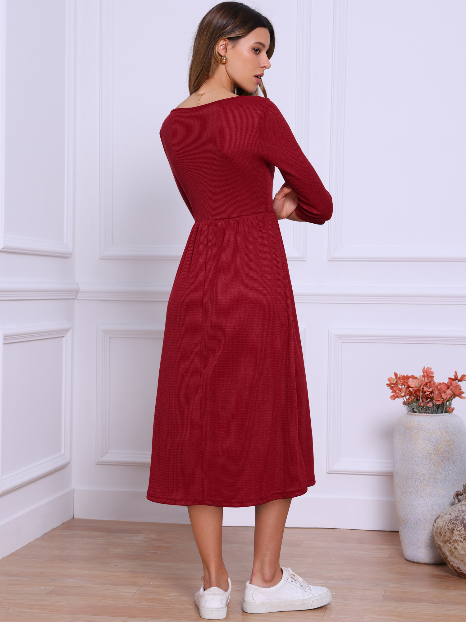 DARING DIVA Women's Casual Midi 3/4 Sleeves Square Neckline Dress M Dark Red