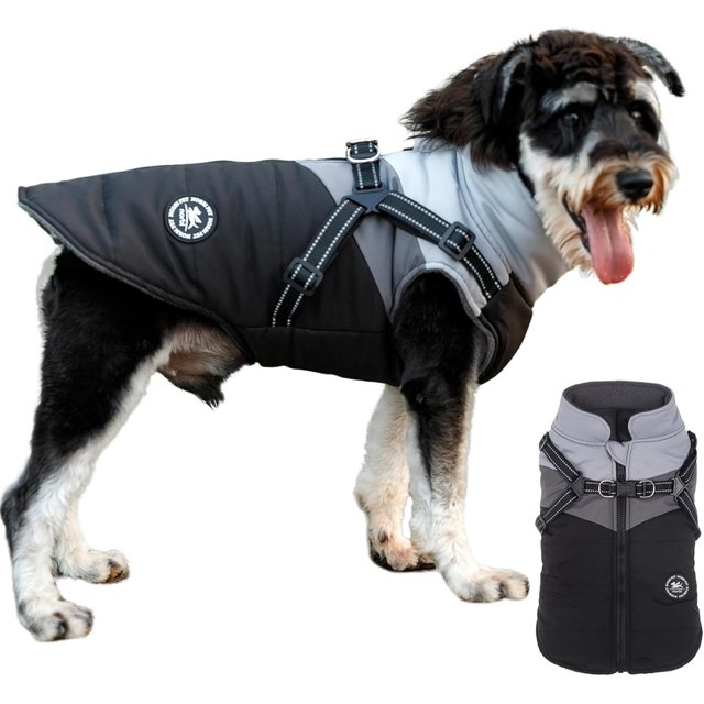 Lucoss Winter Dog Coat with integrated harness No Pull Cold Weather Waterproof Warm Fleece Back Zipper for Small & Medium Dog