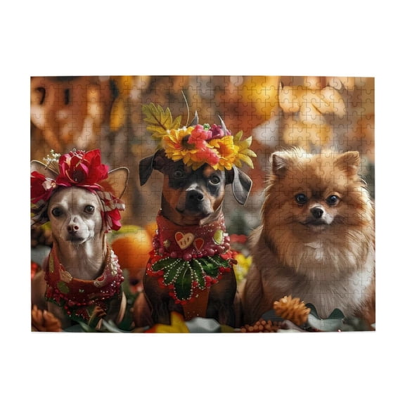 500-Piece Wooden Jigsaw Puzzle for Adults - Dogs Flower Crowns Festive Cute , Interlocking Pieces with Guide Letters, Holiday Gift & Home Decor