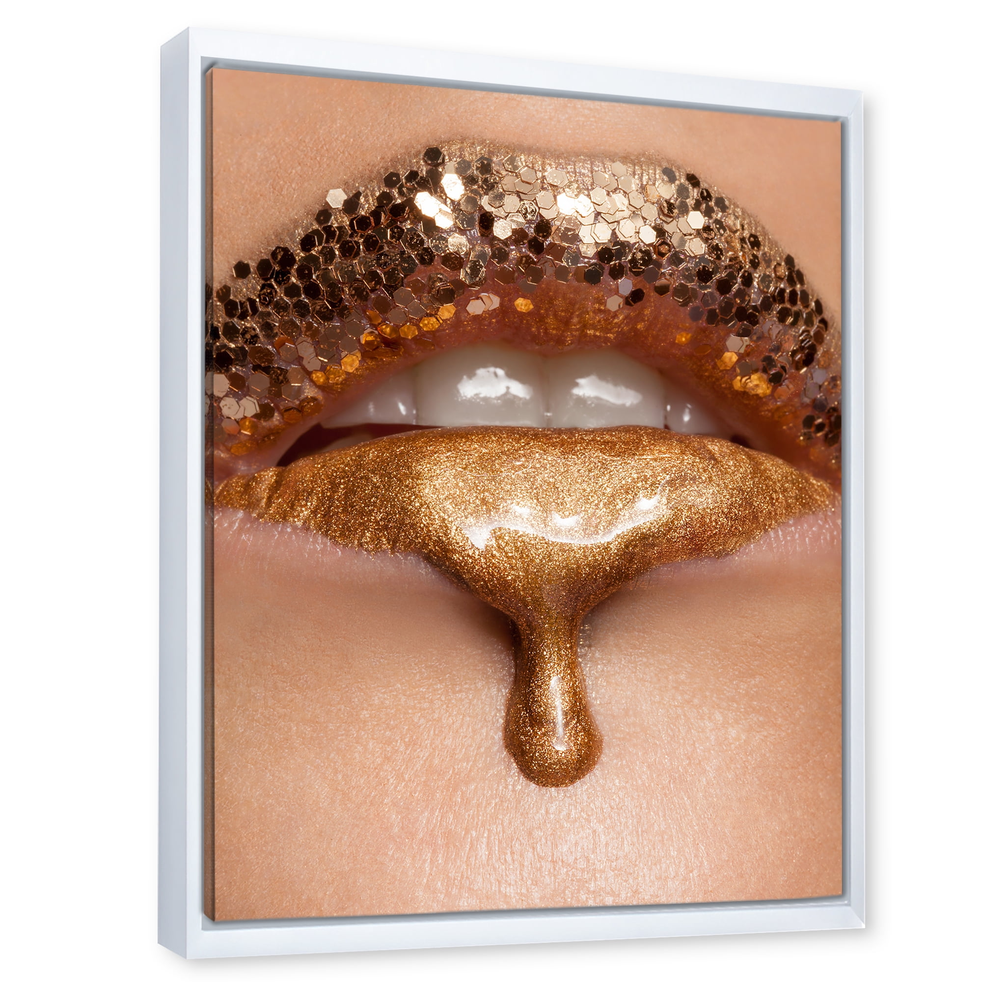 Designart 'Close-Up Of Woman Make-Up Of Gold Liquid Lips' Modern Framed Canvas Wall Art Print