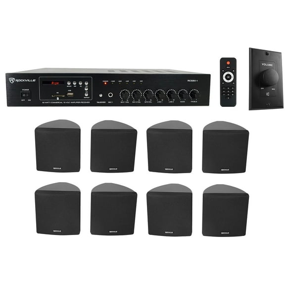 Rockville Commercial Restaurant Amp (8) Black 3.5" Cube Speakers Wall Controller