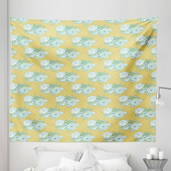 Floral Tapestry, Graphic Images of Flower Bouquets with Striped Leaves, Fabric Wall Hanging Decor for Bedroom Living Room Dorm, 5 Sizes, Yellow Blue, by Ambesonne