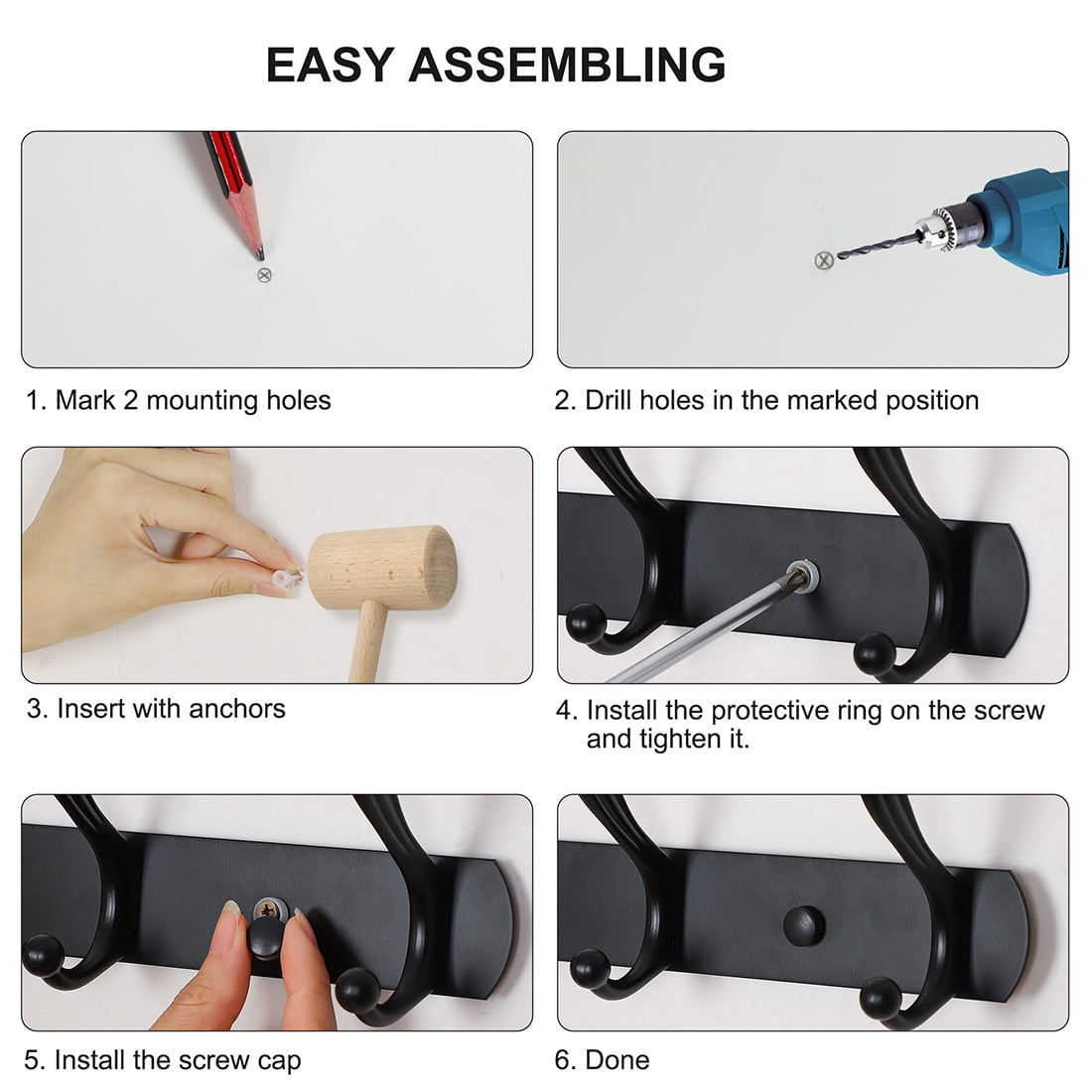 Unique Bargains Home Bedroom Wall Hook Zinc Alloy Hooks DIY Coat Towel Holder Black 5-Hook