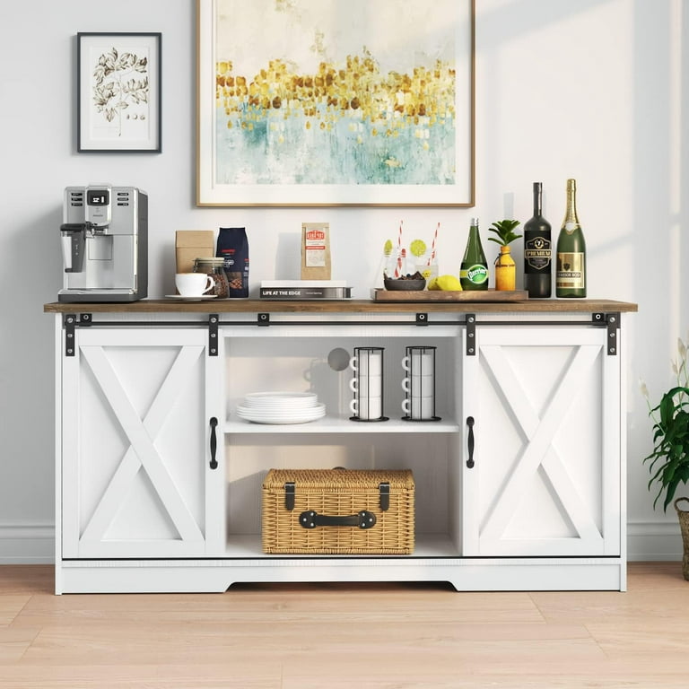 Catrimown Farmhouse Coffee Bar Cabinet, 58'' Kitchen Buffet Sideboard  Storage Cabinet with Adjustable Shelves, White