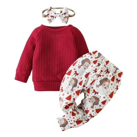 

Toddler Girls Outfit Christmas Long Sleeve T Shirt Pullover Tops Cartoon Santa Prints Pants Headbands Outfits