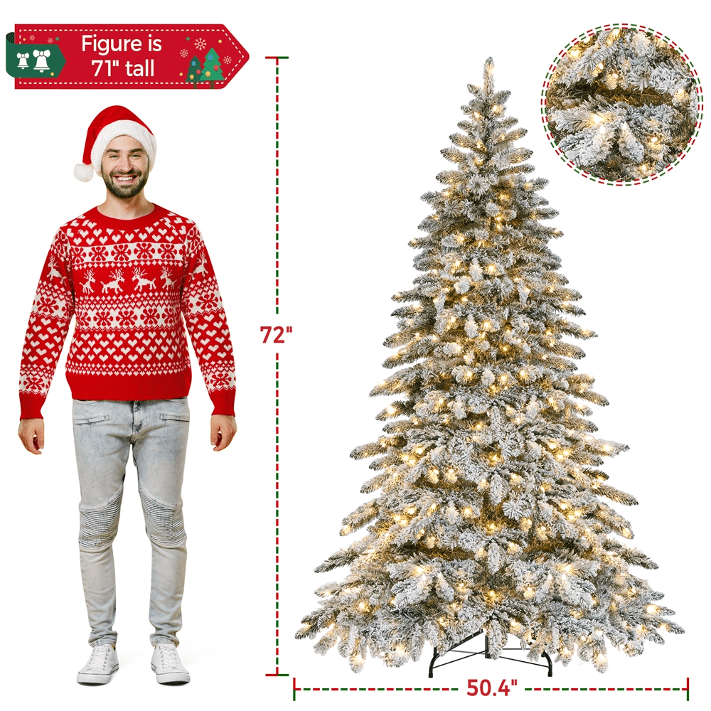 Alden Design 6 Ft. Pre-Lit Snow Flocked Christmas Tree with 400 White LED Lights, Green