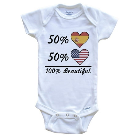 

50% Spanish 50% American 100% Beautiful Spain Flag Heart Baby Bodysuit 6-9 Months White