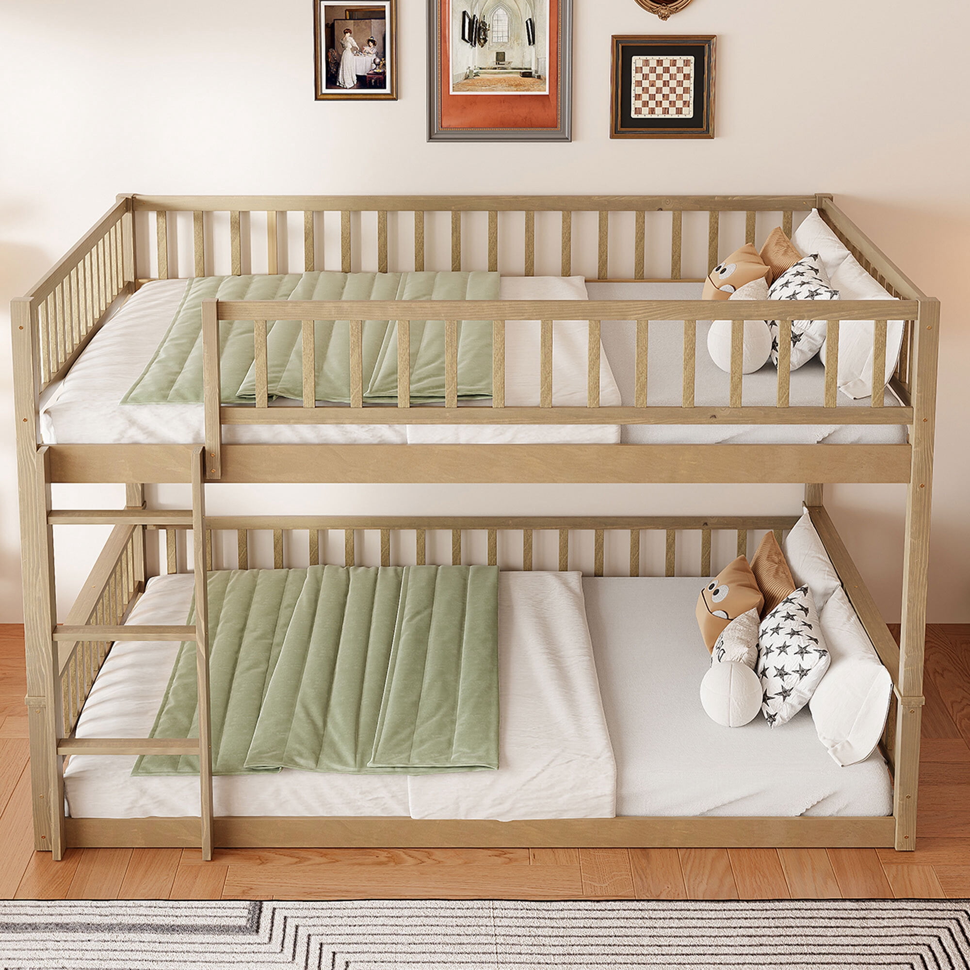 Euroco Wood Queen over Queen Bunk Bed with Ladder and Guardrails, Walnut