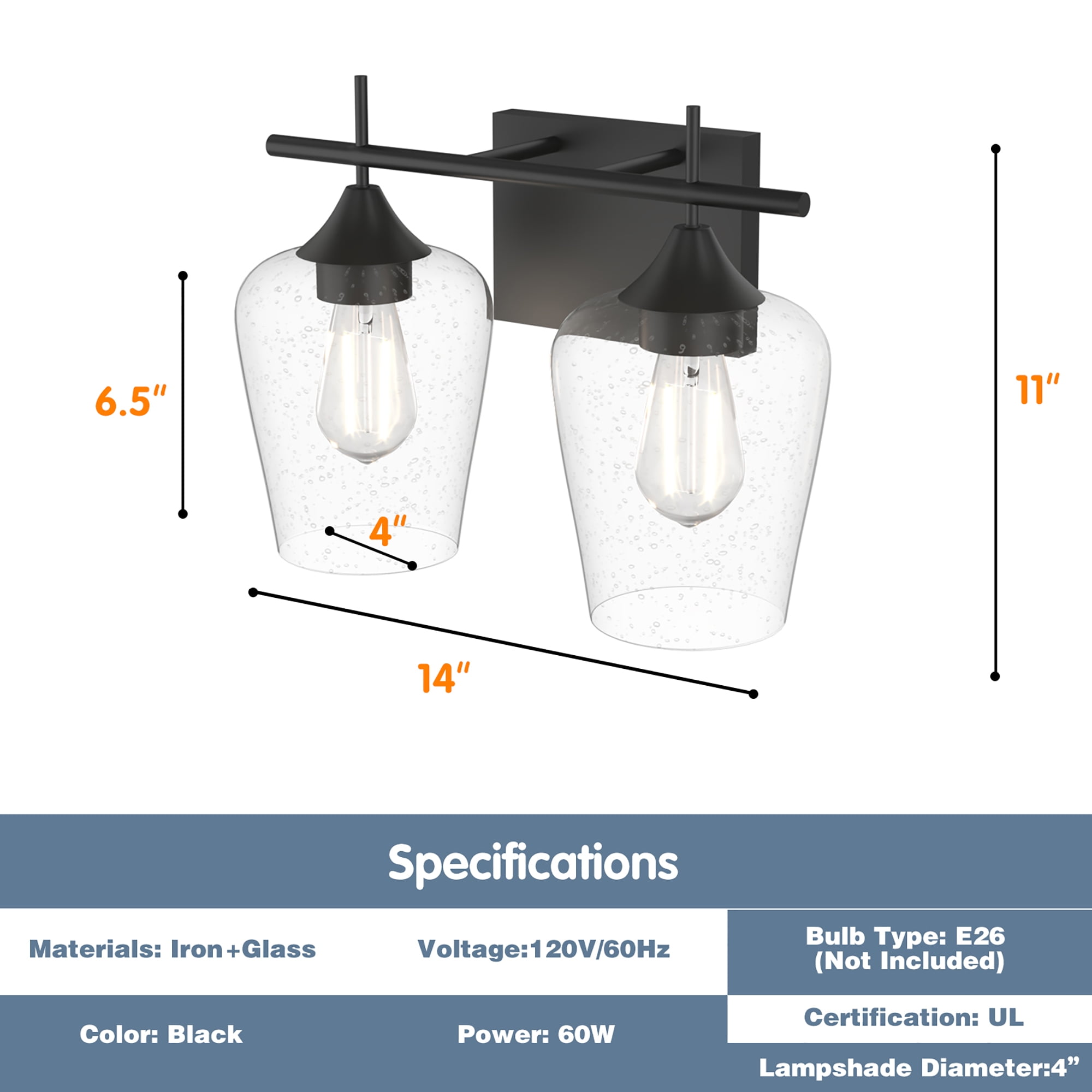 Costway 2-Light Wall Sconce Modern Bathroom Vanity Light Fixtures with Clear Glass Shade