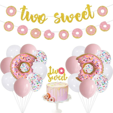 Donut Theme Party Decorations for Girl 2nd Birthday, Glitter Two Sweet Banner Cake Topper Donut Garland Foil Balloon Set, for Princess Donut 2nd Birthday Party Supplies