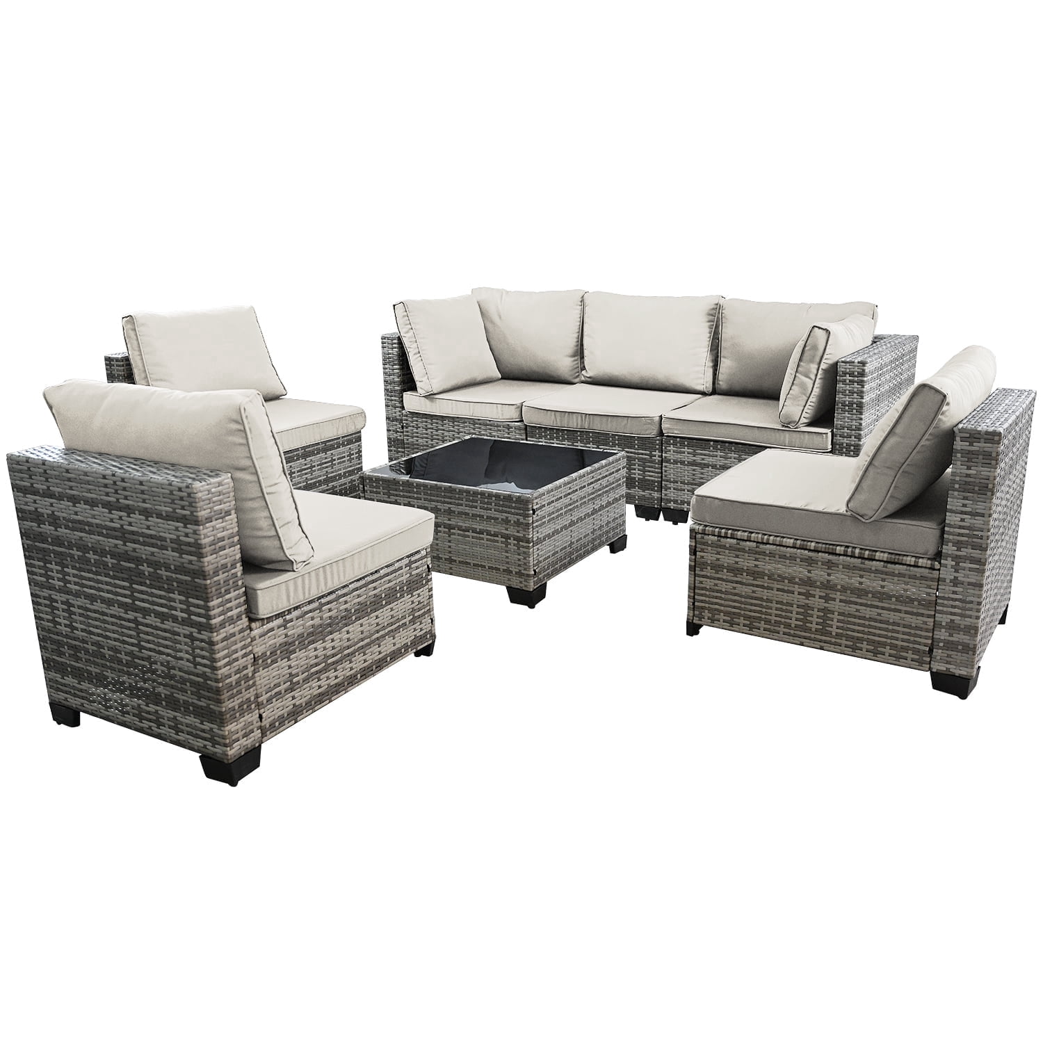 AstrPthylx 7-Piece Patio Sectional Set with Coffee Table, All-Weather Outdoor PE Rattan L-Shaped Sofa & Cushions for Garden, Backyard (Beige)