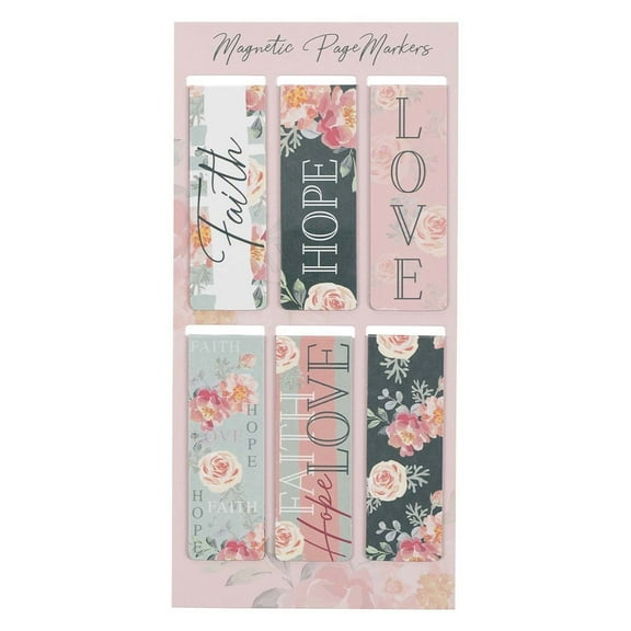 Set of 6 Faith Hope Love w/Pink Roses Inspirational Magnetic Bible Verse Bookmark with Scripture, Size Small 2.3" x .75"