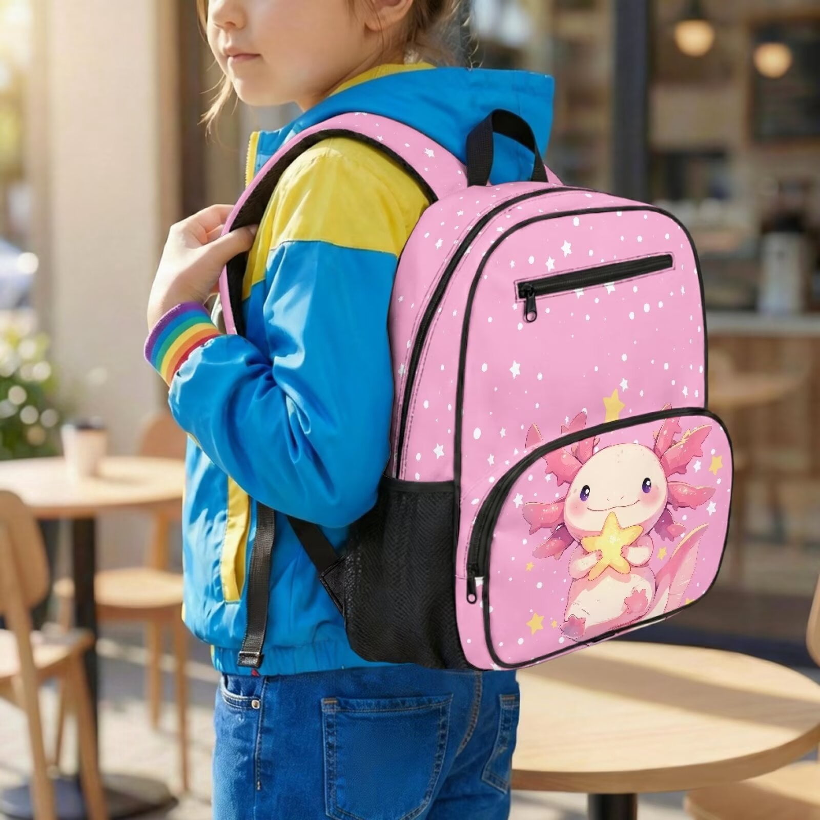 Pzuqiu Axolotl Print 13.5 Inch Preschool Backpack for Toddler Girls 3-6, Water Resistant Breathable Kids School Bag with Multiple Pockets, Lightweight Soft Kindergarten Bookbag