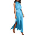 thumbnail image 1 of Women Sleeveless Mock Neck Cocktail Dresses Keyhole Elastic Waist Party Wedding Guest Satin High Split Maxi Dress, 1 of 6