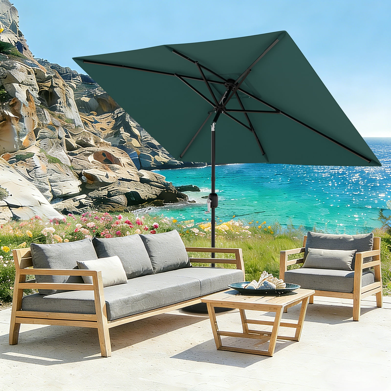 10' x 6.5' Rectangular Patio Umbrella, Outdoor Table Umbrella with Crank & Tilt, 6 Sturdy Ribs Sun Umbrella for Garden Deck Lawn Pool