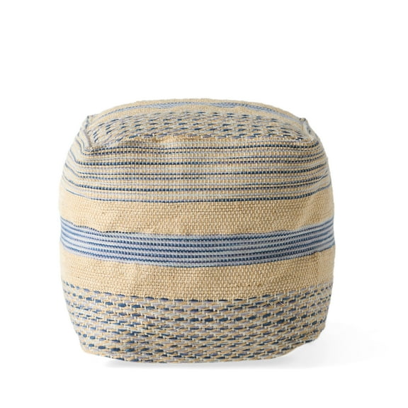 GDF Studio Lola Boho Handmade Fabric Cube Pouf, Natural and Blue