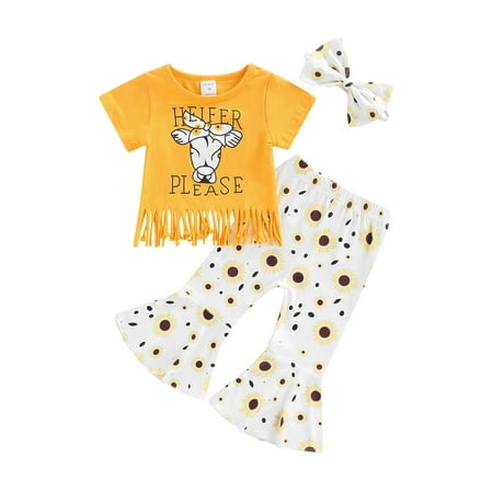 

Girls 3Pcs Outfits Cartoon Print O-Neck Short-Sleeves Tassel T-Shirt + Bell-Bottoms + Hairband 2-7Y