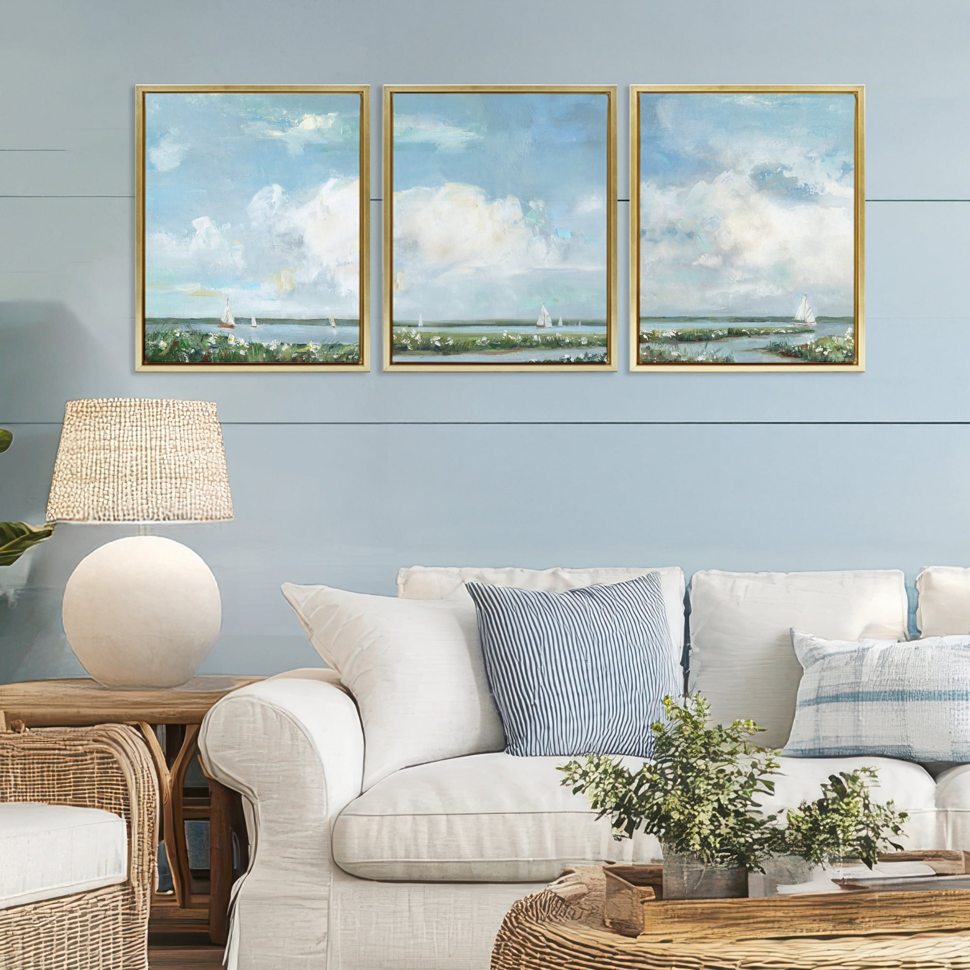 Stupell Industries Daisies Along Calm Coastline 3 Piece Gold Framed Floater Canvas Set, design by Sally Swatland