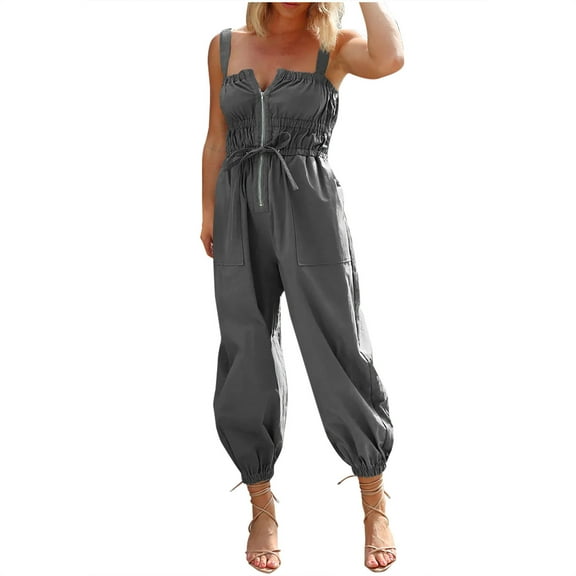 Lenpel Women's Cargo Jumpsuits Zip up Sleeveless Stretchy Overalls Cinch Bottom Casual Rompers with Pockets