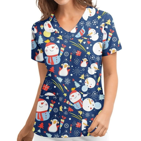 

Christmas Scrub Tops for Women Santa Claus Snowman Xmas Tree Print Short Sleeve V-Neck Workwear Scrubs