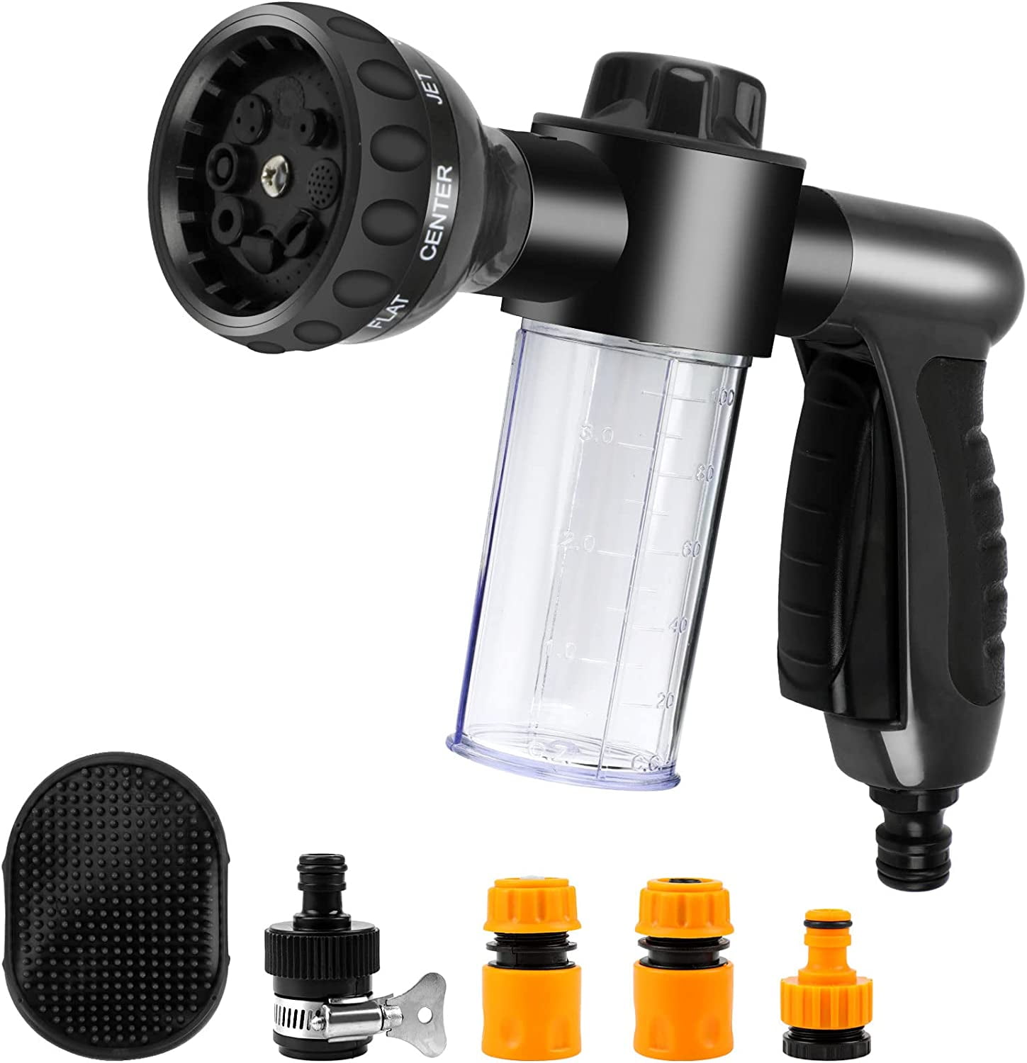 Oneisall 6 Pieces Pet Bathing Tool Set Include Hose Spray Nozzle Livestock Foamer Soap Dispenser with Connectors and Dog Rubber Comb Brush, Dog Bathing Sprayer for Pets Showering, Black