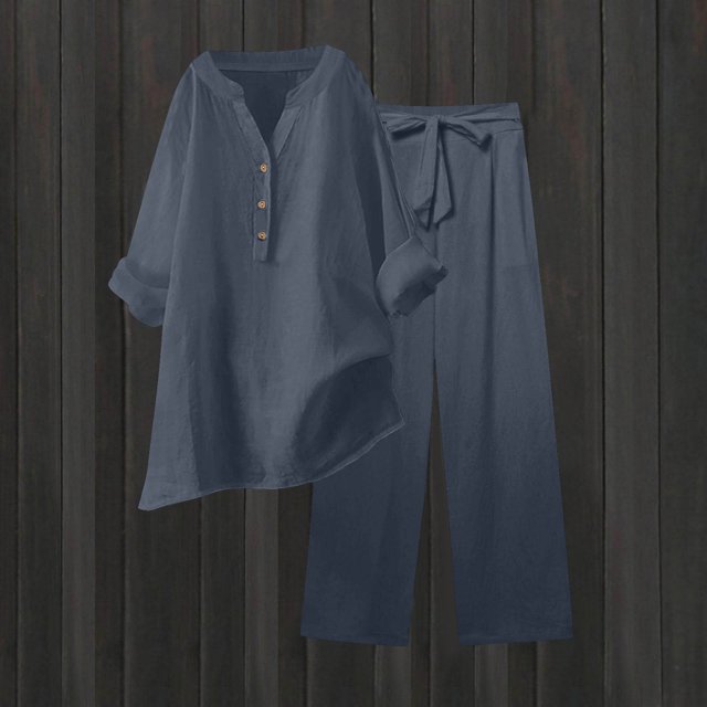 JMKQLZ Women's Fashion Two Piece Solid Color And Linen Loose Casual Suit