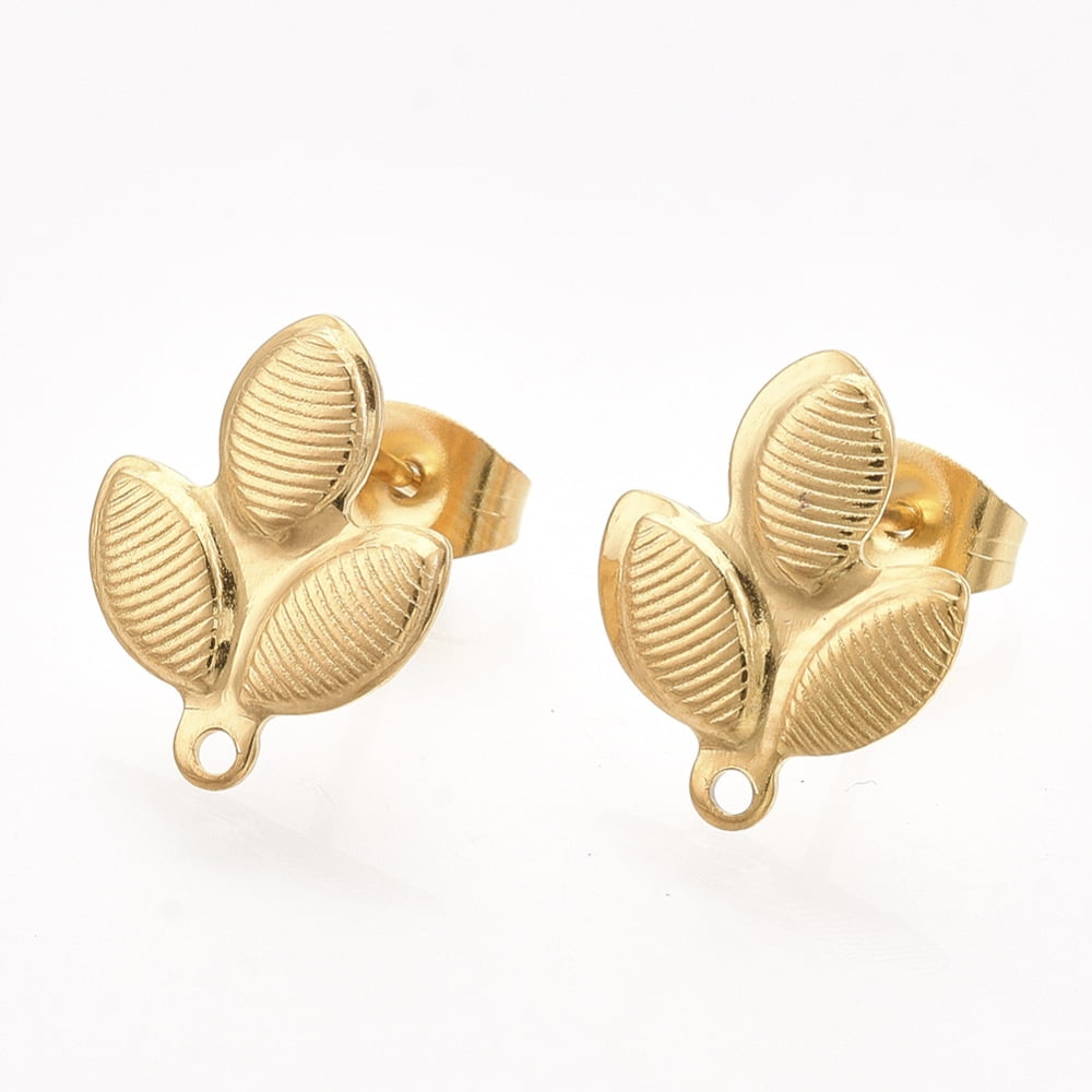 100pc 304 Stainless Steel Stud Earring Findings with Loop and Ear Nuts/Earring Backs Leaf Real Gold Plated 14x11mm Hole: 1mm Pin: 0.7mm