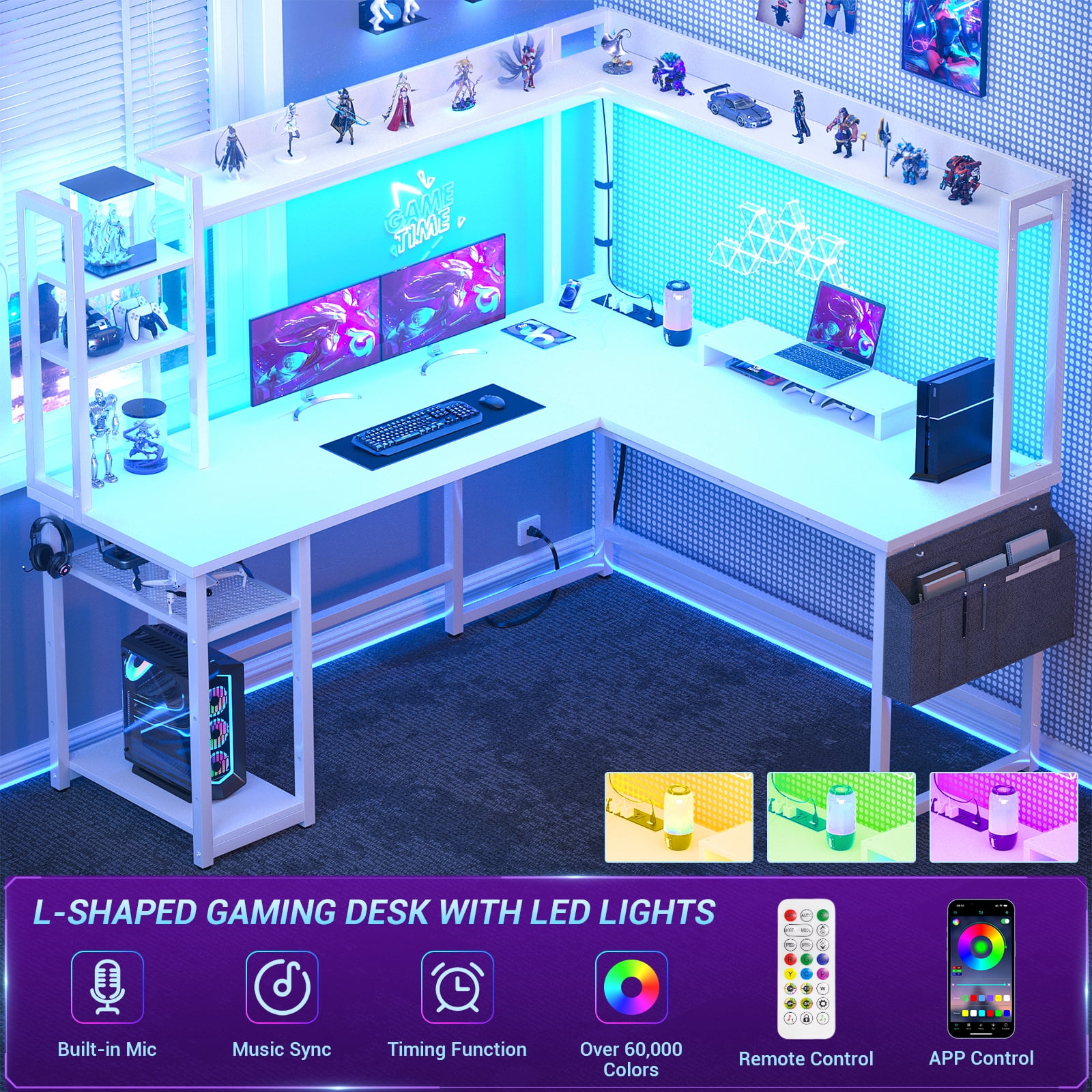 Homieasy L Shaped Desk with Power Outlet and LED lights, Ergonomic L-Shaped Gaming Desk with Monitor Stand, Reversible Corner Computer Desk with Hutch and Storage Shelf for Home Office, White