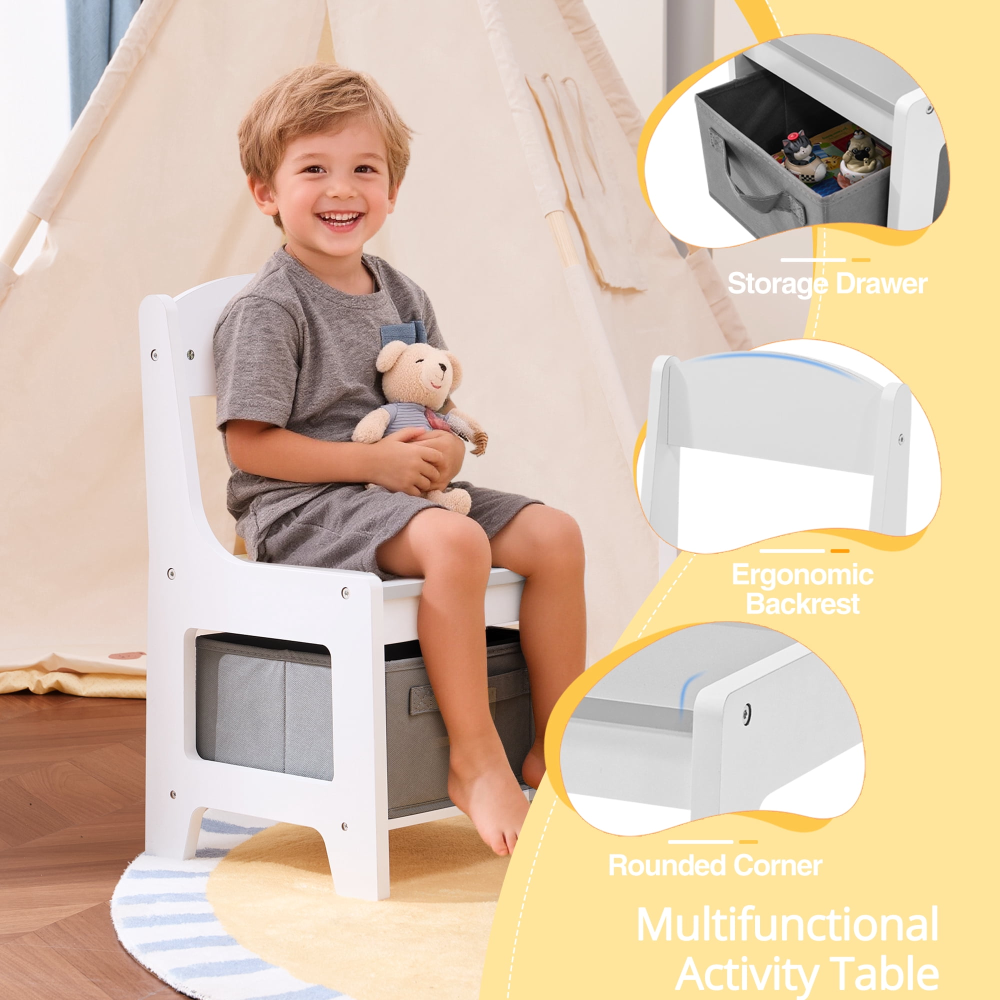 Toddler Table and Chair Set - Kids Table and Chairs with Detachable Tabletop & Storage Drawers, Kids Furniture Set for Crafts, Arts