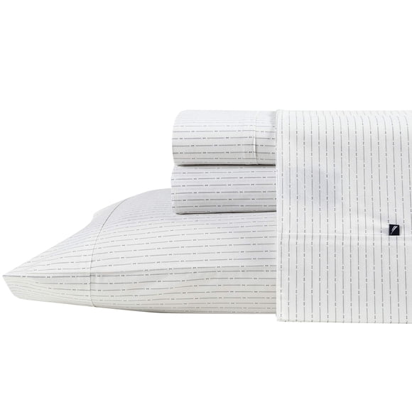 Nautica / Collection Percale / Ensemble de Draps - 100 % Coton, Frais et Net, Literie Légère et Qui Évacue l'Humidité, Grand Lit, Ligne de Flottaison