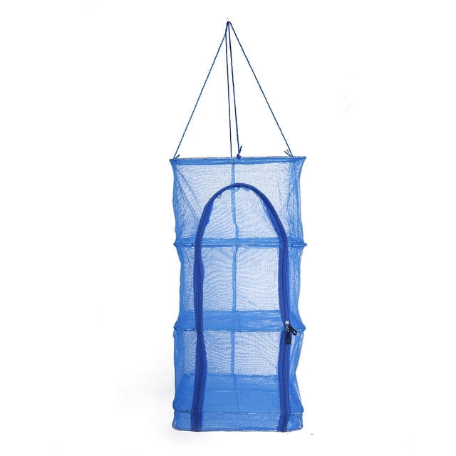 Red de malla plegable para colgar ropa seca de 4 capas con cremallera y apertura azul