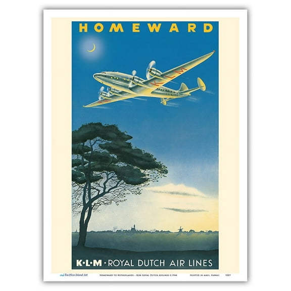 Homeward to Netherlands - KLM Royal Dutch Airlines- Lockheed Constellation - Vintage Airline Travel Poster by Paul C. Erkelens c.1944 - Master Art Print (Unframed) 9in x 12in