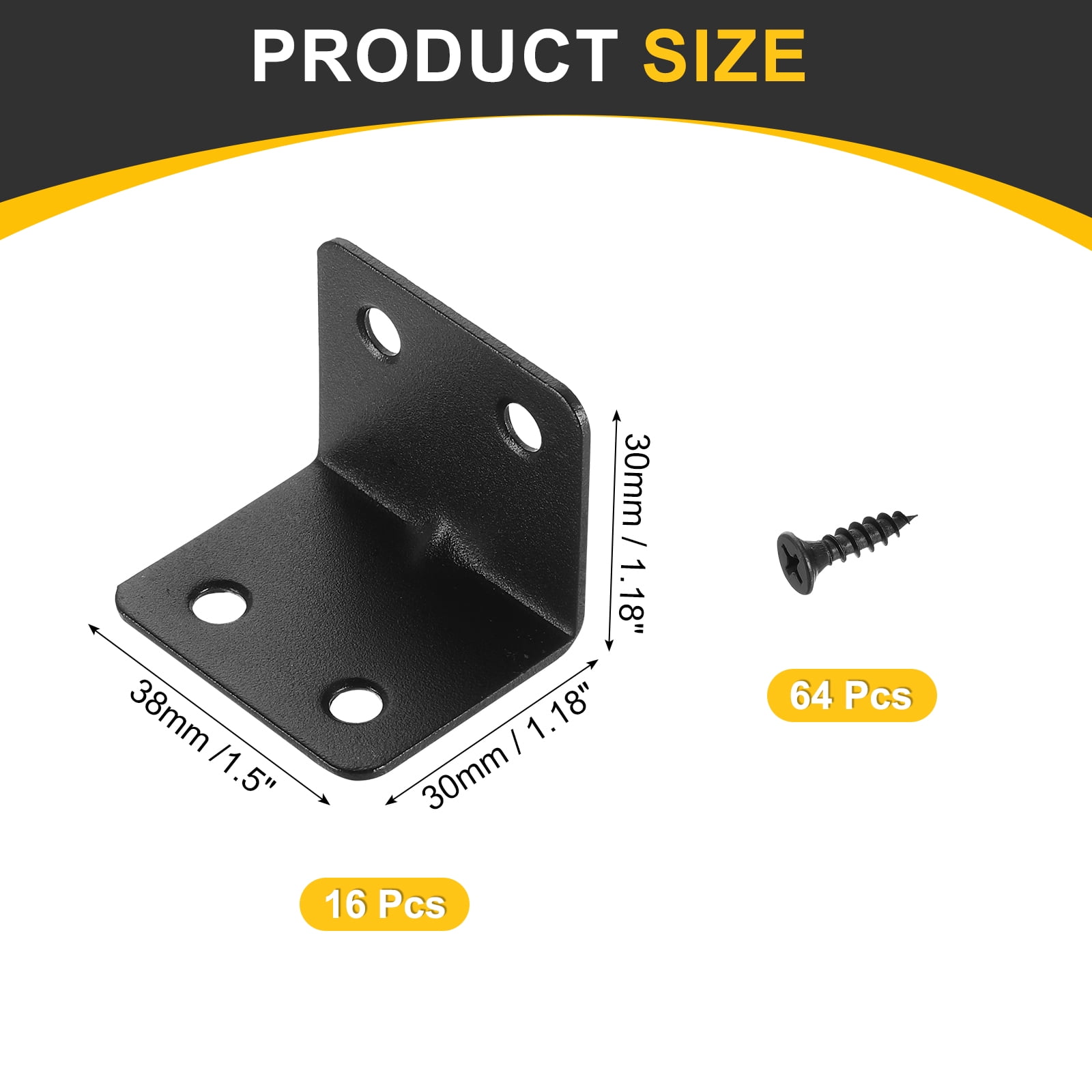 16Pcs L-Shaped Brackets Corner Brace, 1.18"x1.18"x1.5" Corner Bracket Shelf Bracket Right Angle Brackets for Wood Shelves Furniture (30x30x38mm, Black)