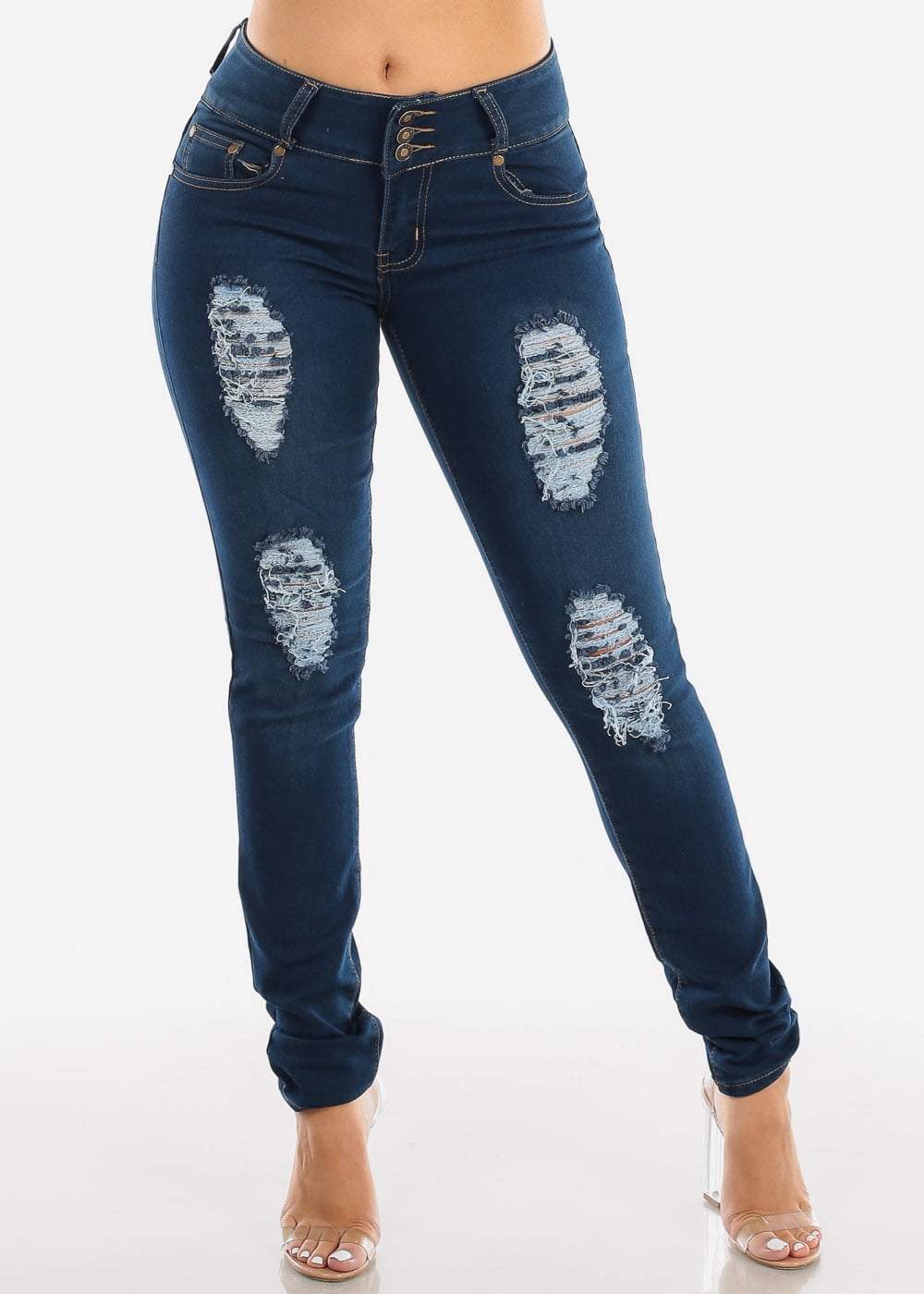 Moda Xpress - Womens Skinny Jeans Distressed Torn Mid Rise BUTT LIFTING ...