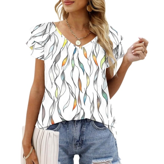 Munlar Spring Tops For Women Trendy White Shirts Loose Ruffle Sleeve Short Sleeve Leaf Print V-Neck Blouses L